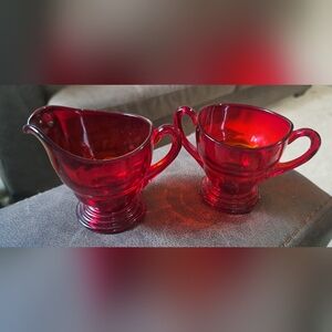 Rare! Ruby Red Martinsville 1930 Moondrops Cream Creamer Sugar Bowl Amberina Red
